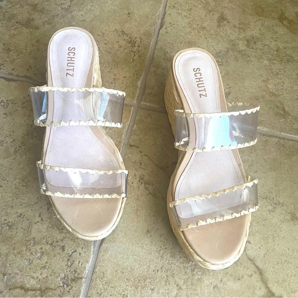 NEW-Schultz Royce Vinyl Raffia Wrapped Platform Espadrille Mule Sandals Size 9.5